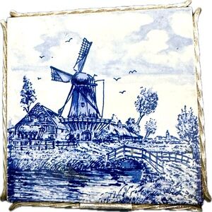 Delft Blue Style Handmade Ceramic Tile Trivet Frame Windmill Landscape W Germany